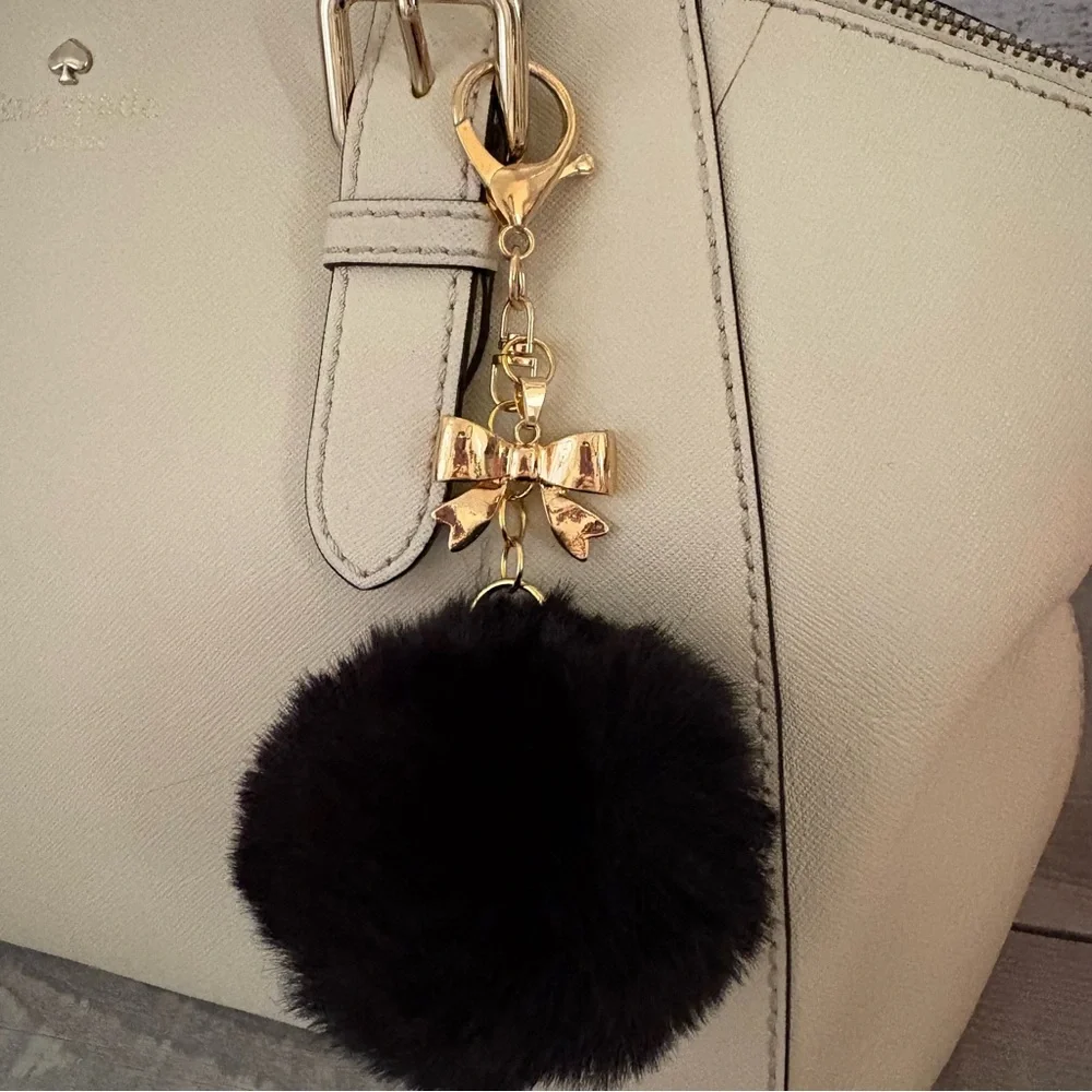Black Faux Fur Pom Pom Purse Charm Gold Bow Bag Charm Keychain Handbag Accessory